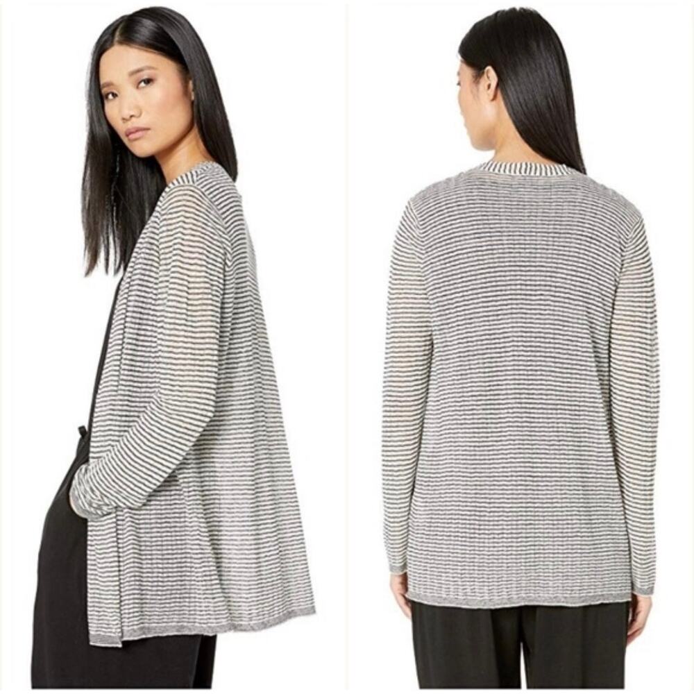 Eileen Fisher Stripe Organic Linen Blend Crepe Knit Open Cardigan gray ivory